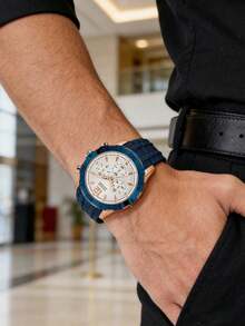 Guess Sports Style Men's Quartz Watch, Caliber Series 46mm Large Dial, Rose Gold Stainless Steel Case With Blue Silicone Strap, White Sunray Dial Three-Eye Chronograph Design, Date Display Scratch-Resistant Mineral Crystal, Versatile For Business Commute, Sports Fitness, Outdoor Travel, Casual Gatherings, High-End Gift For Boyfriend, Husband, Brother On Birthday, Anniversary, Father's Day, Holidays, W0864G5. - Beige - View 2