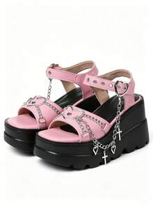 Y2K Women's Thick Sole Wedge Sandals Chain & Heart Goth Sandals Punk Sandals Women's  Black Heels - 粉色 - 查看 4