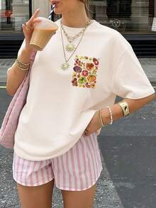 Women's Spring/Summer Clothing, Double-Sided Print, Watercolor Style, Tomato And Small Flower Design, Versatile Off-Shoulder Loose Fit Short-Sleeve T-Shirt, Quan Kwinter Women's Clothing. - 杏色 - 查看 3