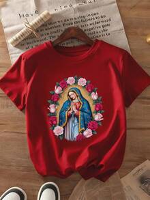 Premium Summer T-Shirt For Women With Virgin Mary And Rose Print - Unisex - 100% Loose Fit, Short Sleeve And Round Neck, Religious Clothing, With The Iconic Image Of The Virgin Mary - Faith Garment For Everyday Use, Unisex Top Suitable For Daily Use And As A Gift (Machine Washable). - 紅色 - 查看 12