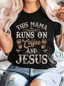 1 Piece Of Women's Short-Sleeved Summer T-Shirt With Coffee-Colored Letter Print, Fitted Design With Round Neck, 180g, 100% Cotton. - 黑色 - 查看 9
