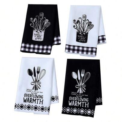 2 Black & White Kitchen Tool Letter Printed Towels, Ultra-Fine Fiber Modern Absorbent Dishcloth, Cooking/Baking/Tea Towels, Dish Rags, Hand Towels, Super Soft & Highly Absorbent, Decoration, Neighbor/Mother's Day/Housewarming Gift, Kitchen Accessory, Daily Necessity
