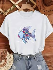 Camiseta de moda para mujer, ropa elegante para damas, ropa de verano para mujeres, adecuada para diversas ocasiones como escuela, gimnasio, playa o uso casual diario, camisa elegante para mujer.   Top versátil para el día a día, disponible en varios colores, con un estampado de peces con manchas de arcoíris y ondas de burbujas con temática primaveral. - Blanco - Ver 6