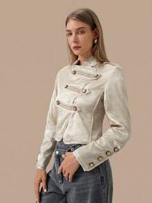 HZXVIC Women's New Elegant Temperament Stand Collar Asymmetrical Front Button Jacquard Jacket Jacket - Beige - View 7