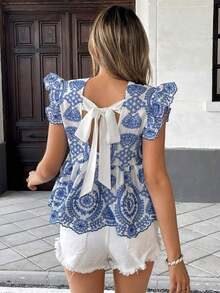 Blusa casual con mangas cortas y bordado para mujer de vacaciones - Azul y blanco - Ver 4