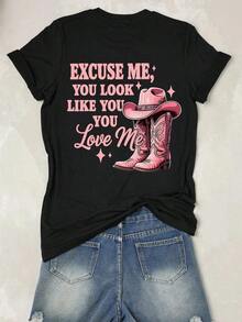 Camiseta Casual para Mujer con Estampado Country Western "Everybody At The Bar Gettin' Tipsy", Transpirable y Cómoda, Manga Corta, Cuello Redondo, Estampado de Sombrero de Vaquero, Algodón Suave, Perfecta para Uso Diario y Estilo Nashville. - Negro - Ver 2