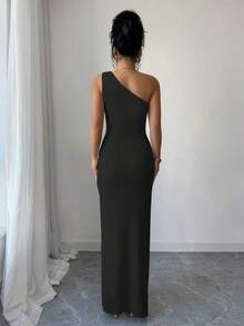 New Women's Sexy Solid Color Maxi Dress With Asymmetrical Shoulder, Twisted And Ruched, Asymmetrical Neckline, Knit Texture And Fitted Style, Twisted Design With Slit, Elegant Outfit For Women, Dress For Spring/Summer Party, Vacation, Valentine's Day - 黑色 - 查看 2