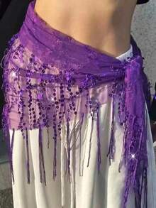 Women Belly Dance Sequin Tassel Hip Scarf Triangle Belt Wrap Skirts Music Festival Sheer Mesh Waist Chain - 紫色 - 查看 3