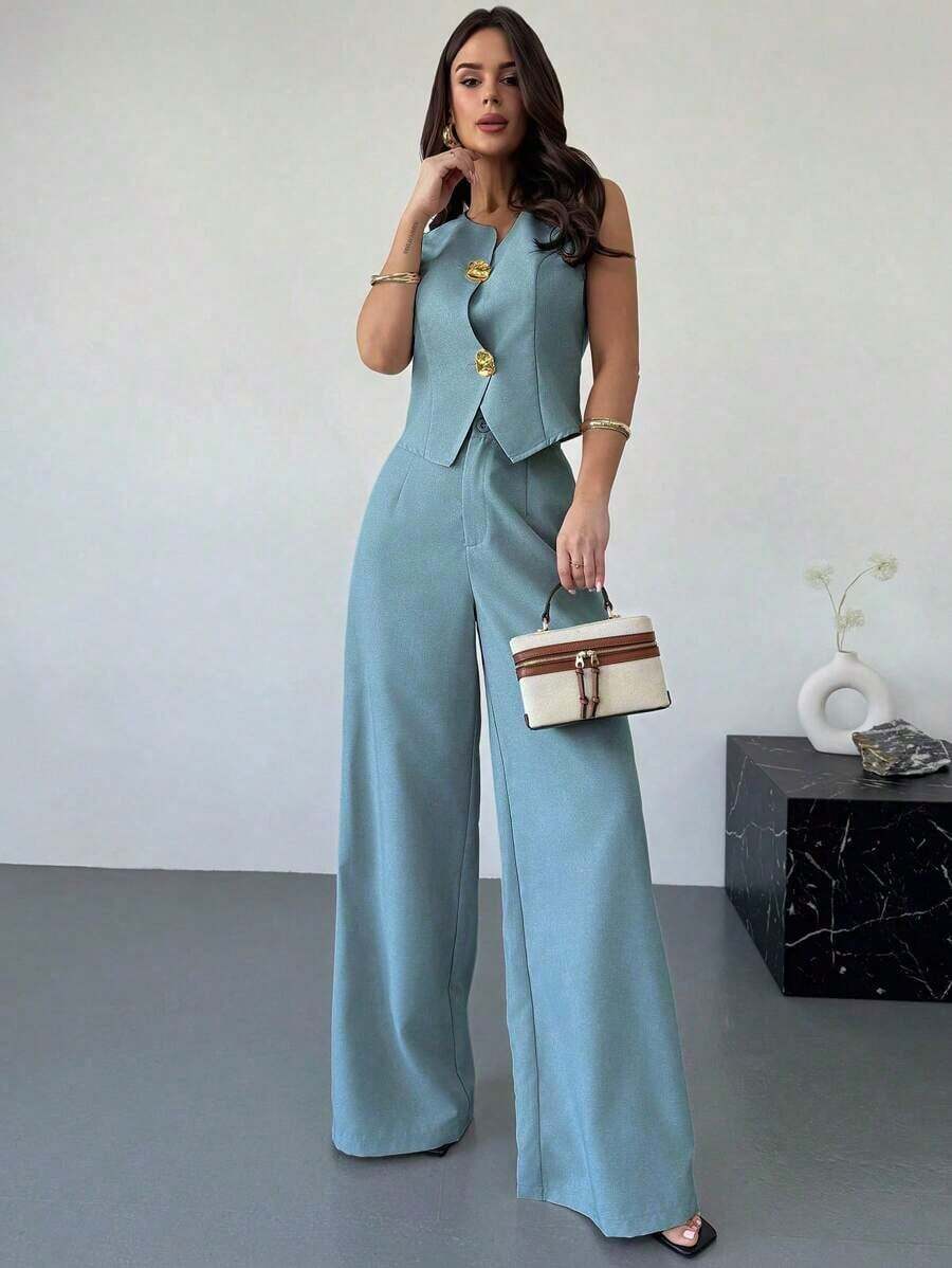 Set de 2 piezas de primavera para mujer: top asimétrico con hebilla de metal de sensación de lino caqui y pantalones anchos de cintura alta adelgazantes, elegante ropa de oficina - verde menta - Ver 1
