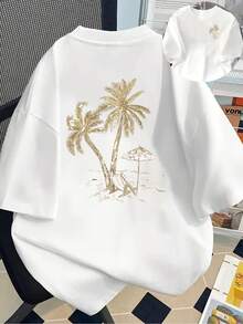 Short-Sleeved Top With A Palm Tree Print On The Front And Back, A Summer Must-Have, Perfect For Beach Vacations - Casual Women's Top - Women's Clothing, Comfortable Fit, Classic Design. Elegant Party Outfit, Stylish Ladies' T-Shirt, Blouses Suitable For Curvy Women, Prom Skirts, Casual Wear - 白色 - 查看 7