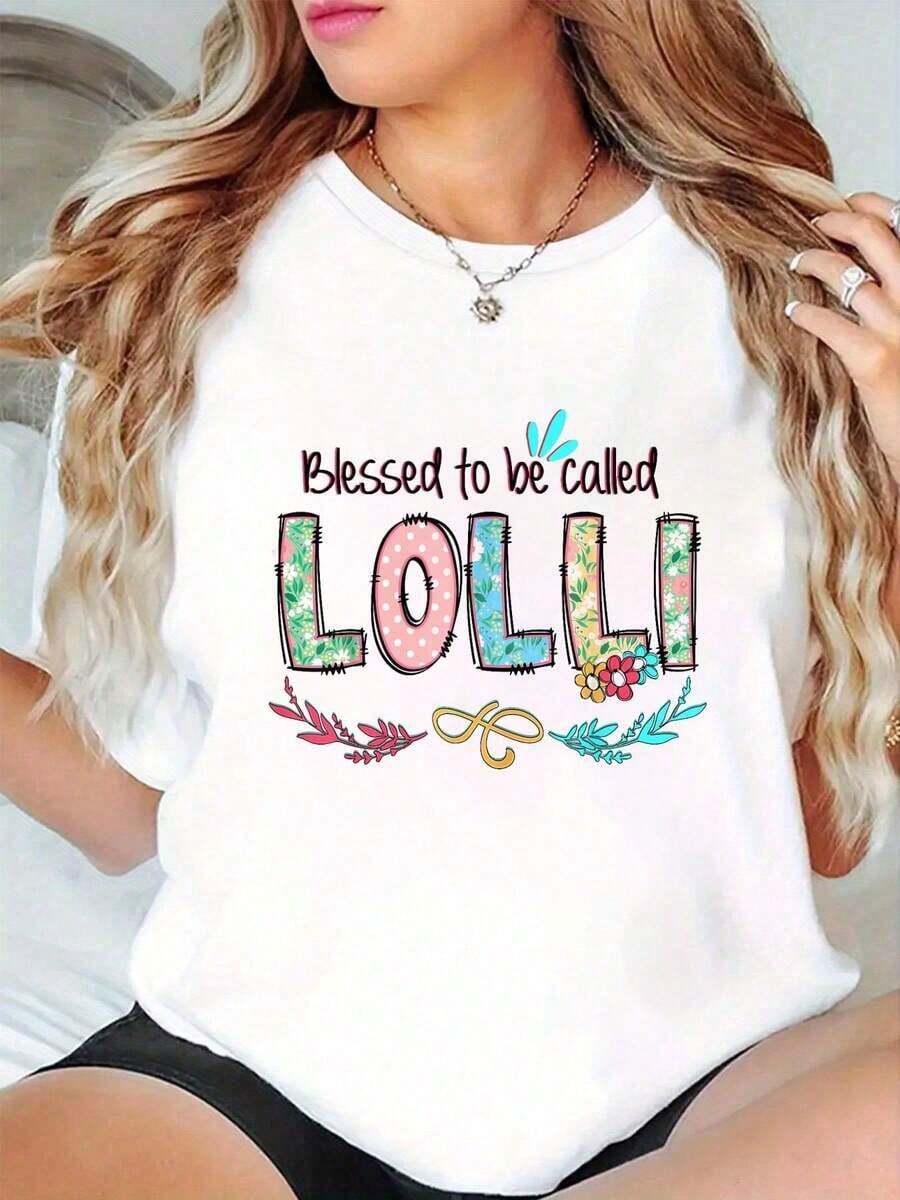 1 Piece Floral Lolli T-Shirt For Mother's Day, Summer Tops, Short Sleeve, Round Neck, Casual Top For Summer And Spring, Women's Clothing, 180g 100% Cotton - 白色 - 查看 1