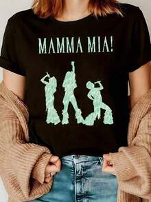 Women's Short-Sleeved T-Shirt, 100% Cotton, Printed With "Y2K Retro Mamma Mia!" Sequin Textured Silhouette, Machine Washable, Breathable, And Comfortable To Wear. Suitable For Streetwear, Parties, Social Events, Music Festivals, Bars, Daily Commutes, Outdoor Travel, And Can Be Worn Casually In Spring, Summer, And Autumn. - 黑色 - 查看 8