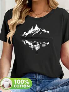 Women's 100% Cotton Short Sleeve T-Shirt With Subtle Outdoor-Themed Patches - Casual Spring And Summer Blouse, Machine Washable, Ideal For Picnics And Casual Wear, Non-Outdoor Printed T-Shirts - 黑色 - 查看 1