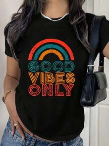 Only Good Vibes: Vintage T-Shirt With Rainbow Print And Positive Vibe Phrase, Casual Round Neck Short Sleeve T-Shirt, Comfortable For Spring And Summer, Women's Clothing - 黑色 - 查看 1
