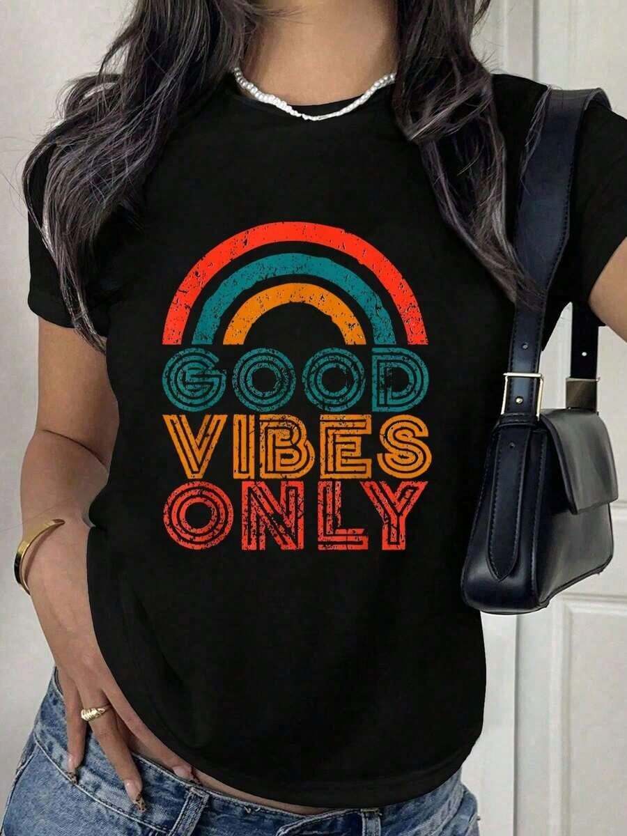 Only Good Vibes: Vintage T-Shirt With Rainbow Print And Positive Vibe Phrase, Casual Round Neck Short Sleeve T-Shirt, Comfortable For Spring And Summer, Women's Clothing - 黑色 - 查看 1