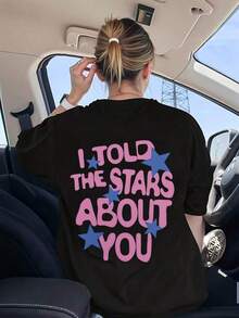 Under The Radar Women's Modern And Unique Crew Neck Design 2026, Double-Sided Print With Pink And Blue Star And Letter Pattern, Custom And High-End, Casual Short Sleeve T-Shirt, Versatile, Comfortable And Slimming, Feminine Style - Unisex Cotton Loose Fit Short Sleeve Crew Neck T-Shirt, Urban Vintage Style. Unisex Cotton Loose Fit Short Sleeve Crew Neck T-Shirt, Urban Vintage Style - 黑色 - 查看 2