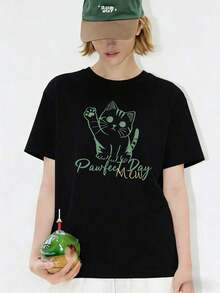 Women's T-Shirt With A Cute Kitten Print, Super Cool And Comfy! A Printed T-Shirt For Casual Looks, Perfect For Cat Lovers In Mexico. Your New Favorite! - 黑色 - 查看 11