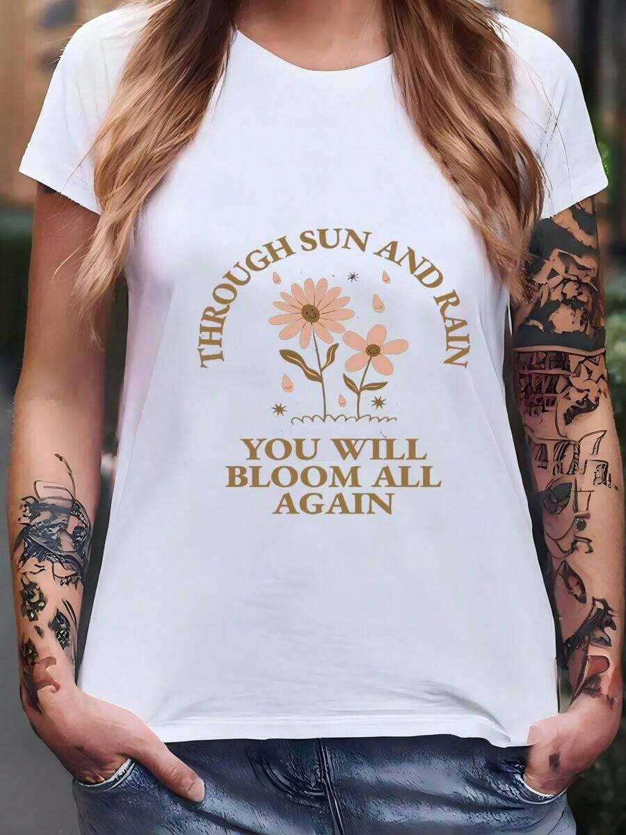 Women's Sun And Rain T-Shirt, Inspirational Gift, "Be Kind" Hoodie, Kindness T-Shirt, Unisex Gift For Her, Floral T-Shirt, Cute T-Shirt. - 白色 - 查看 1