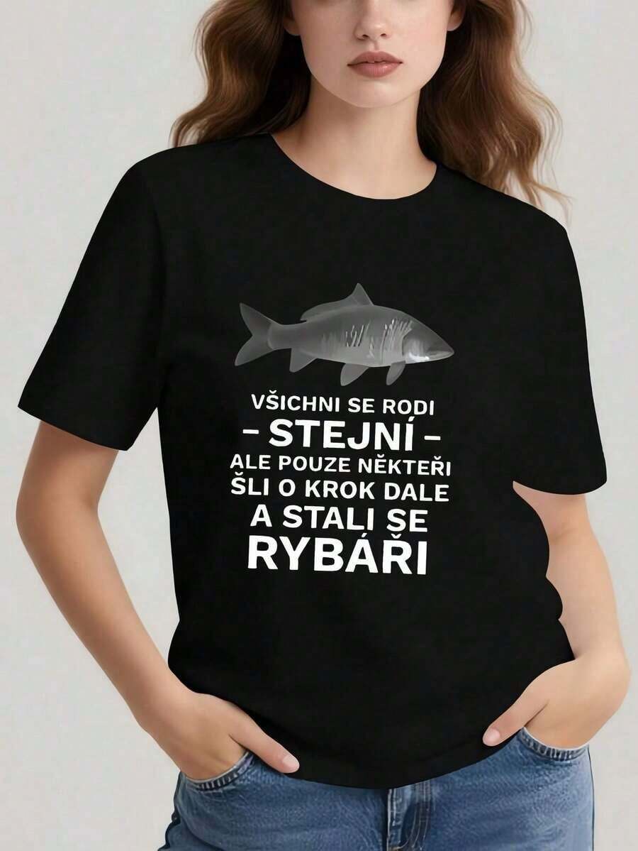 Women's Fashion Czech Short Sleeve T-Shirt 0-06, Round Neck, Printed, Casual For Everyday Wear, Excellent Gifts For Friends And Family, 100% Cotton T-Shirts, Youthful And Fashionable Design, Casual Blouses For Women - 黑色 - 查看 1