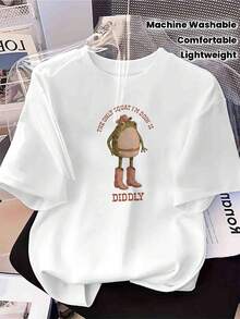 Women's Inspirational T-Shirt With A Denim Frog Print - Crew Neck Top - Lightweight Casual Fantasy Design For Spring/Summer With A Distinctive Phrase - Comfortable, Machine-Washable Casual Wear - 白色 - 查看 1