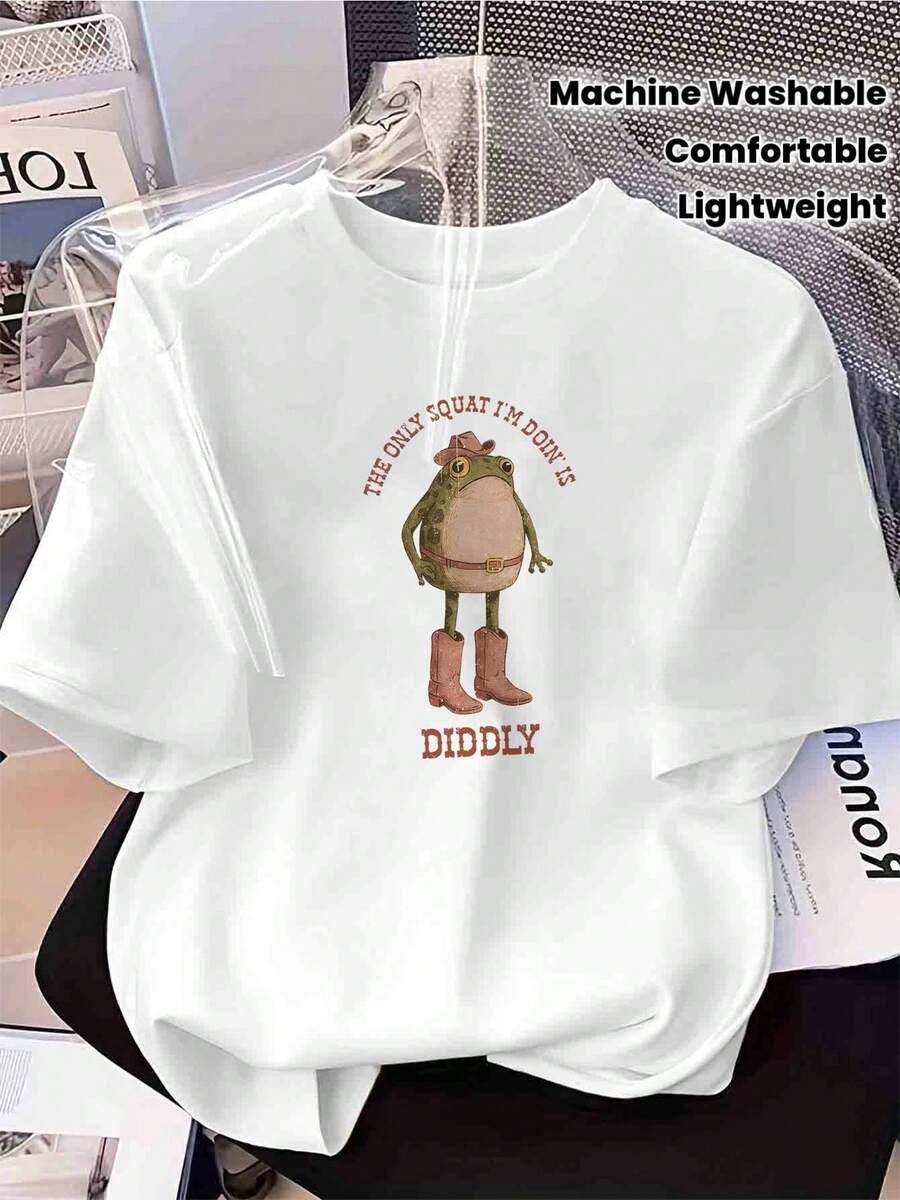 Women's Inspirational T-Shirt With A Denim Frog Print - Crew Neck Top - Lightweight Casual Fantasy Design For Spring/Summer With A Distinctive Phrase - Comfortable, Machine-Washable Casual Wear - 白色 - 查看 1