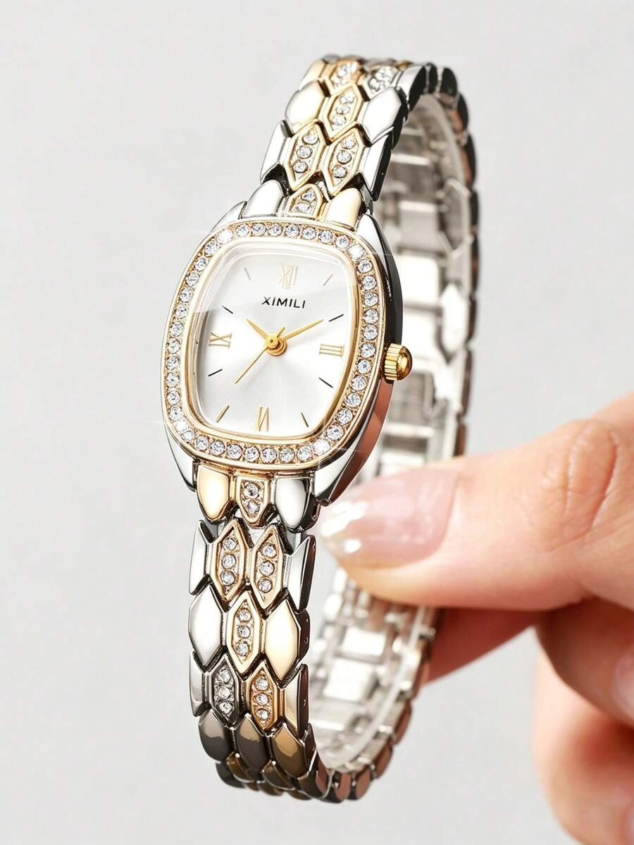 1 pieza Reloj de cuarzo con incrustaciones de rhinestone para mujer, esfera con números romanos, reloj de lujo, regalo para amigos (1 pieza/set) No incluye caja de reloj - Multicolor - Ver 1