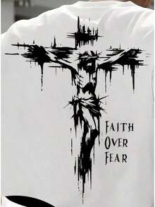 Men's Short Sleeve Sports T-Shirt - "Faith Over Fear" Cross Print, Breathable And Comfortable, Regular Fit, Machine Washable, Black With Colorful Graffiti Design, Relaxed Fit Plus Size T-Shirt X7KM 100% Cotton - 白色 - 查看 3