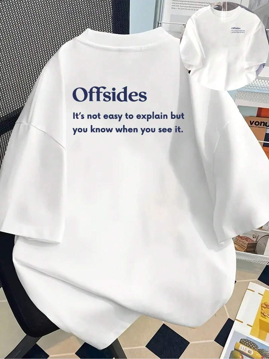 New 180g Short-Sleeved T-Shirt, 1% Cotton, With Front And Back Prints - Offside, A Football Term - Fashionable Printed T-Shirt For Women, Your Best Choice! - Suitable For Layering In Spring And Autumn, And For Wearing Alone In Summer, Unisex Style. - White - View 1