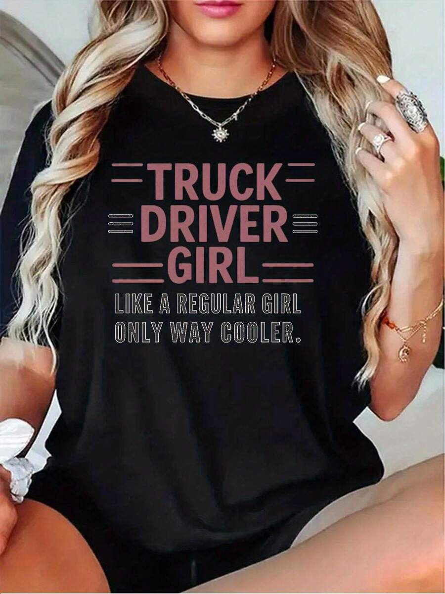 Soft Women's T-Shirt With The Slogan "100% Like A Normal Person, Only Cooler" - Round Neck, Short Sleeve, Workwear, Suitable For Truck Drivers, Casual And Comfortable Cut, Ideal For Driving And Daily Wear, Clothing For All Seasons, Elegant Blouses For Women. - 黑色 - 查看 1