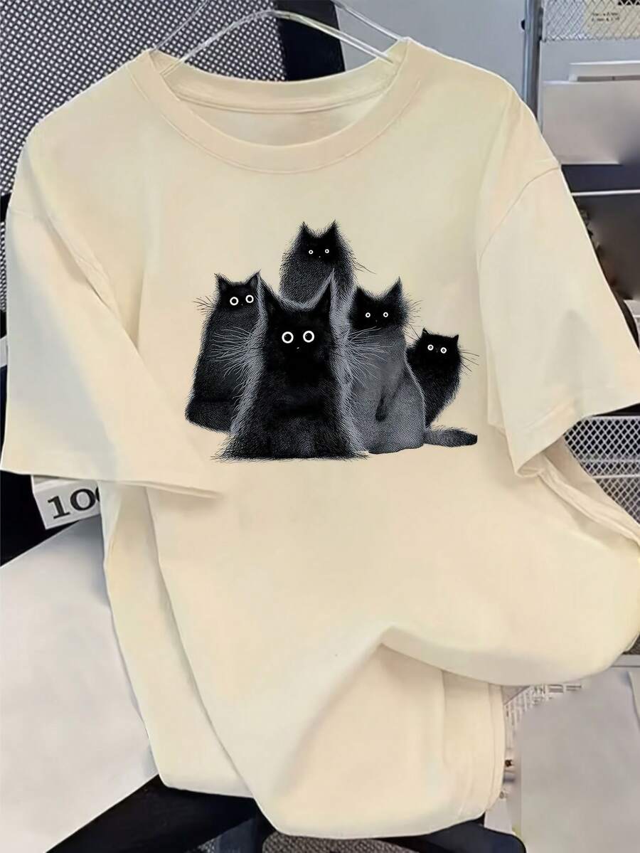 Women's Cotton T-Shirts With Round Neck, Women's Summer Casual Clothing, Fluffy Black Kitten Print T-Shirt, Pure Cotton Round Neck Top, Simple T-Shirt For Everyday Wear. - 杏色 - 查看 1