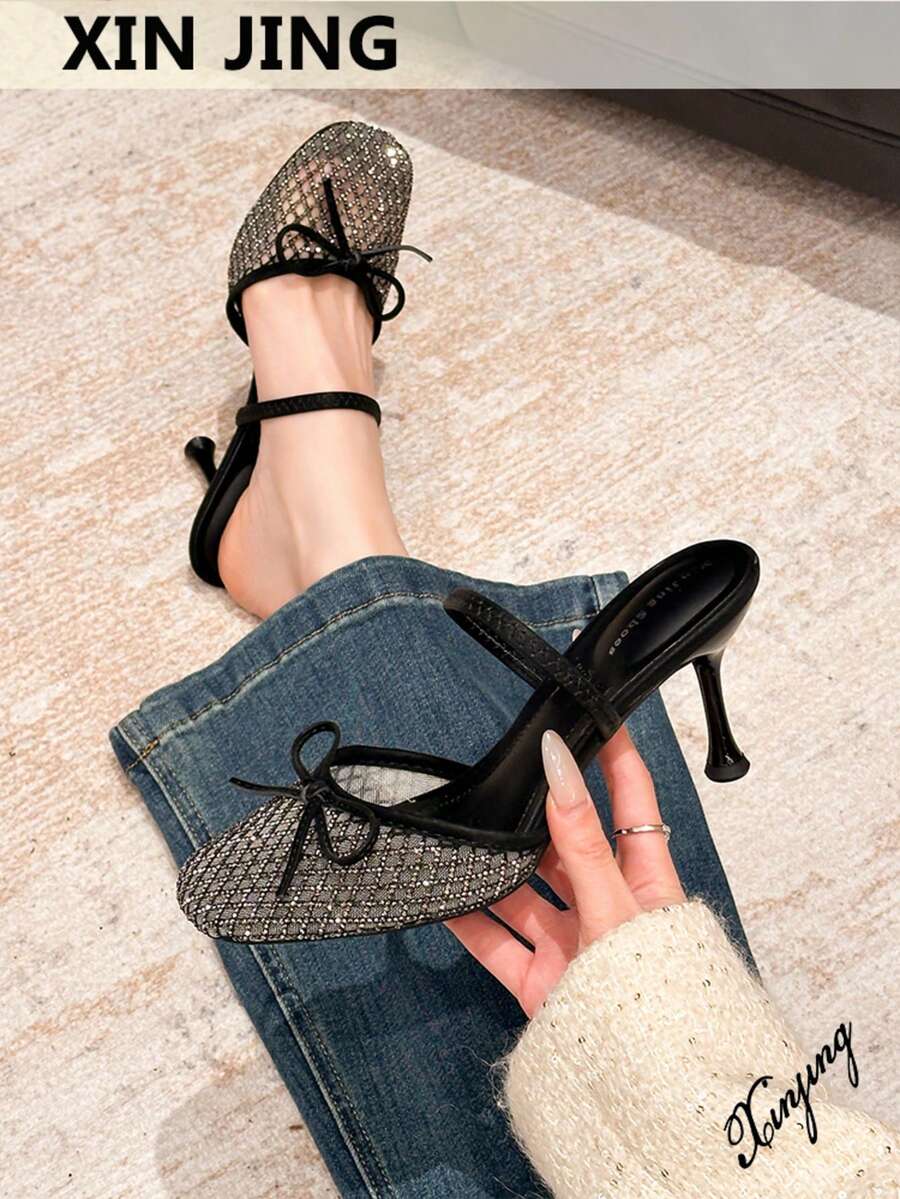 Xin Jing Shoes 女士优雅休闲性感蝴蝶结高跟鞋，时尚百搭圆头水钻网带通勤中跟凉鞋