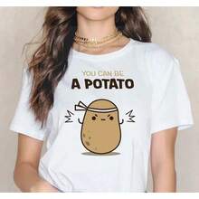 Women's Casual Summer T-Shirt With Fun Little Potato Print, Modern And Versatile, Short Sleeve And Round Neck - Urban Vintage Style, Unisex, Cotton, Loose Fit, Short Sleeve And Round Neck. - 白色 - 查看 5