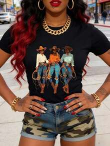 Women's 100% Cotton T-Shirt, Round Neck, Summer T-Shirt With African American Cowgirl Print, Western Texas Rodeo Style, Perfect For Holiday Outfits And Birthday Celebrations, Casual Daily Wear. - 黑色 - 查看 1