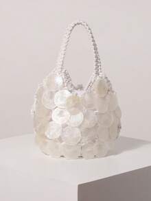 Women's Shell Decor Knitted Mini Handbag, Bohemian Style, Suitable For Beach Vacation, Travel And Summer Holiday, Lightweight Tote Bag, Suitable For Girls And Ladies, Beach Essential - White - View 10