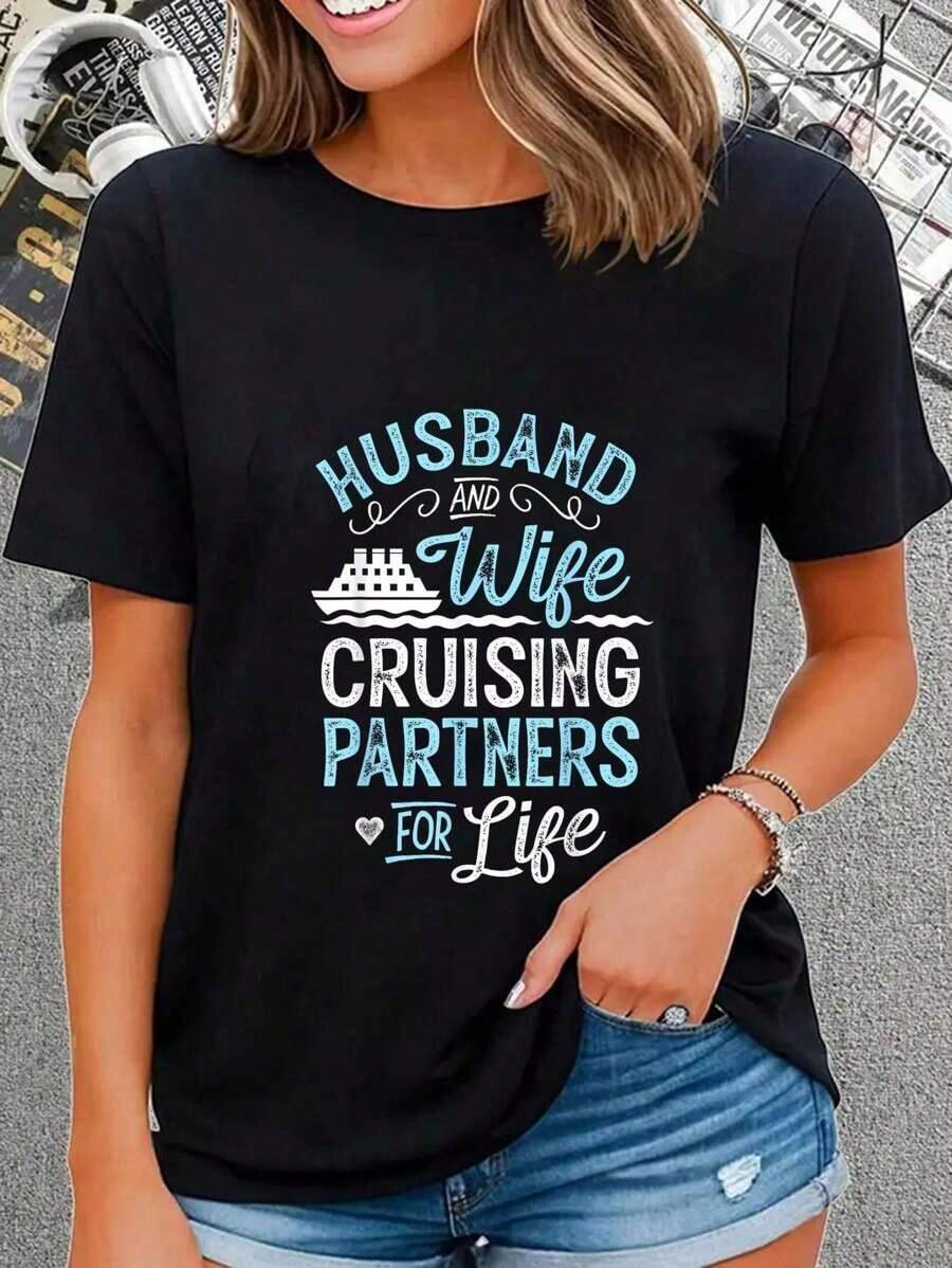 100% Cotton Casual Tshirt Cruise Ship Gift Husband And Wife Cruising Partners For Life T-Shirt,Unisex T-Shirt - 黑色 - 查看 1