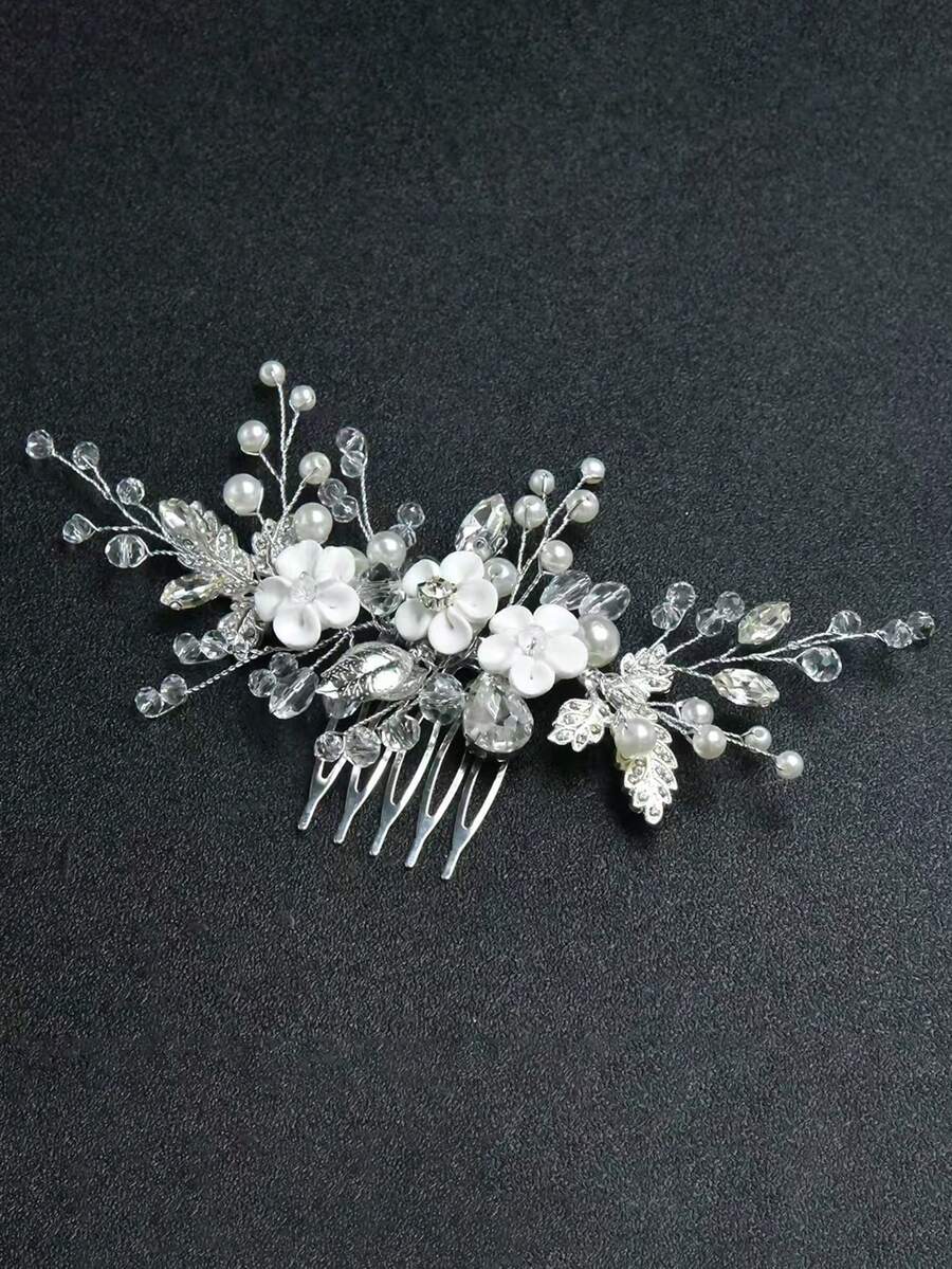 1个浪漫水晶水钻珍珠发梳，适合女士参加派对、婚礼、庆典和日常佩戴 - 白色 - 查看 1
