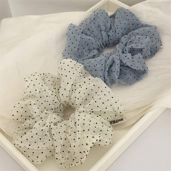 2026 Nouveau Grand Style Coréen Printemps/Été Frais Bleu & Blanc Pois Gauze Froissée à Carreaux Scrunchie Attache-Cheveux Pour Chignon, Accessoire Capillaire Doux et à la mode