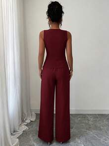 LUNNELUX Women Fall Burgundy 2 Pieces Outfits, V Neck Sleeveless Button Vest & High Waist Wide Leg Pants Set, Christmas Party Outfit - Burgundy - View 3