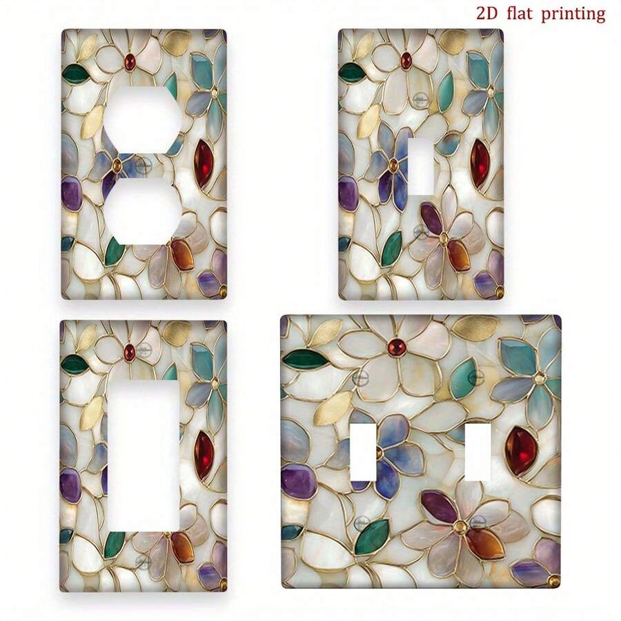 1pc Elegant Beige & Gold Gemstone Floral Mosaic Wall Plate - Home Decor Switch And Outlet Cover, Suitable For Kitchen, Easy Installation, No Wiring/Battery Required, Fits Single/Double Switch And Outlet, Decorative Panel, 2D Flat - A - View 1
