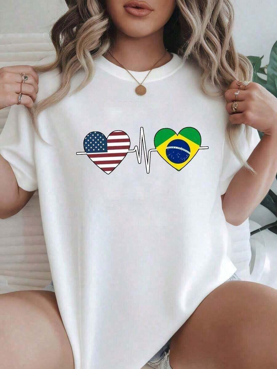 100% Cotton. Women's Black T-Shirt With US And Brazil Heartbeat Design - Casual Short-Sleeve T-Shirt For Summer And Spring - Perfect For Sports Fans And Patriotic Events - 100% Cotton. Women's Simple Solid Color T-Shirt, Loose And Slim Fit Casual Short Sleeve - 白色的 - 查看 1