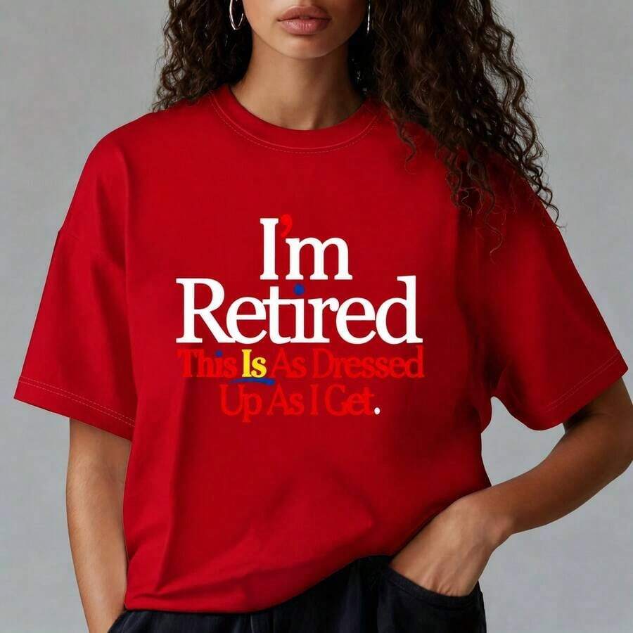 Women's Cotton T-Shirt, Print "I'm Retired, This Is How Elegant I Dress", Casual Loose Fit, Short Sleeve, Round Neck, Comfortable Top For Everyday Wear, Sizes M-5XL, Soft. - 紅色 - 查看 1