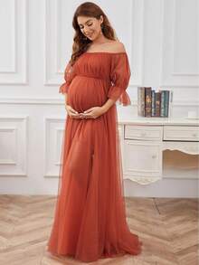 Women's Long Maternity Dress, Off-The-Shoulder With Tulle Scarf Sleeves, Pleated Waist, Flowing Maxi Skirt, Burnt Orange Color, Lightweight Chiffon Fabric, Elegant Bohemian Style Ideal For Pregnancy Parties And Photo Shoots. - 亮橙色 - 查看 4