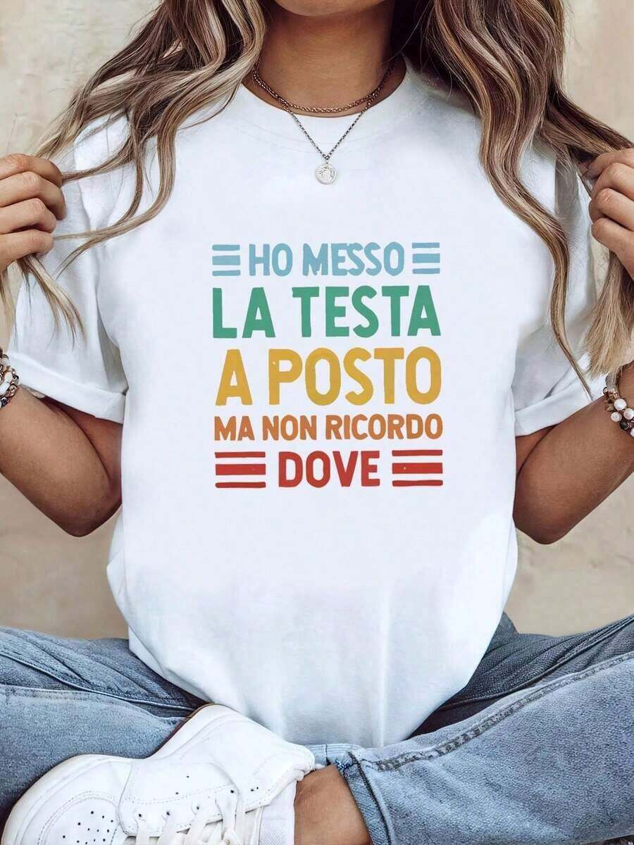 Italian: I Cleared My Head But I Don't Remember Where, Women's Letter Print T-Shirt, Short Sleeve, Round Neck, Casual Top For Summer And Spring, Women's Clothing - 白色 - 查看 1