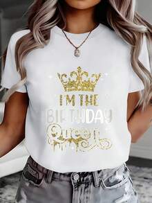 Gold Crown With The Words "Birthday Queen" Printed On It,  Directional Print Sweatshirt On A Black Background, Casual Round Neck Sweatshirt For Spring/Summer, Short Sleeve T-Shirt, Comfortable Top For Women 10914. Elegant Party Outfit, T-Shirt For Elegant Ladies, Blouses Suitable For Curvy Women, Casual Wear, Cool And Sweat-Free Summer Clothing, Fun Letter Print. - 白色 - 查看 1