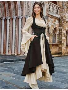 Women's Renaissance Peasant Dress, Pirate Style, Underbust Corset, Asymmetrical (High-Low) Skirt, With Pockets, Medieval Costume, Ideal For Renaissance Fairs, Theme Parties And Cosplay - Hitam - View 5