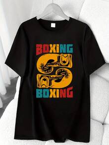 Boxing Gloves, Colorful English Print T-Shirt. Available In 6 Colors, Short Sleeve, Round Neck, High-Elasticity Casual Sports Top. Machine Washable. Suitable For Spring And Summer. Can Be Worn In All Seasons. Women's Clothing. Elegant Party Outfit, T-Shirt For Elegant Ladies, Blouses Suitable For Curvy Women, Casual Wear, Cool And Sweat-Free Summer Clothing, Fun Letter Print. - 黑色 - 查看 6