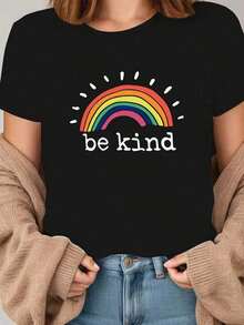 Camiseta con Estampado de Arcoíris para Mujer |   Cuello Redondo Casual, Tela Suave y Cómoda, Mensaje Positivo "Bekind", Uso en Todas las Estacionesblusas para mujer>ropa - Negro - Ver 7