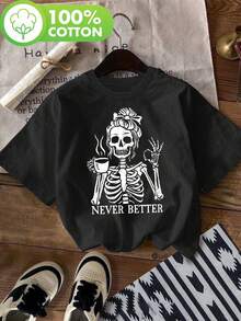 Printed T-Shirt With A Skeleton Design Of A Woman Drinking Coffee With A Peace Symbol, With Messy Hair, Never Has A Better Skeleton, Casual Short Sleeve Round Neck Top, For Summer And Spring, Women's Blouses. - 黑色 - 查看 7