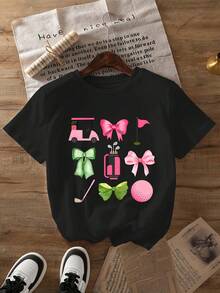 Camiseta de Verano Premium Estampada para Mujer - Camiseta de Golf con Estampado de Dibujos Animados para Mujer - Top Casual de Verano de Manga Corta con Cuello Redondo, Corte Regular, Tejido de Punto, Peso 180 gramos. - Rojo - Ver 8