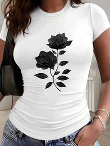 Black Rose Art Print - Y2K Style - Women's Small Size Slim Fit Solid Color T-Shirt, Casual And Sporty Style, With Detailed Pleats At Waist, Round Neck, Short Sleeves, Suitable For Four Seasons. - 白色2號 - 查看 10